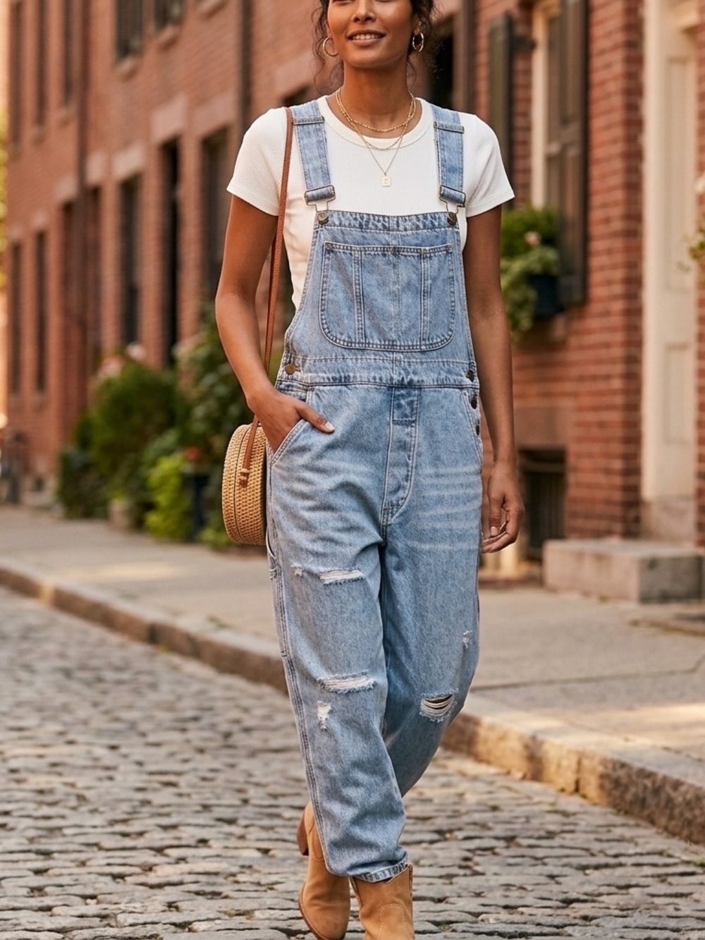 Free People Sandrine Rose Denim Overalls Distressed Relaxed Fit Blue NWT M